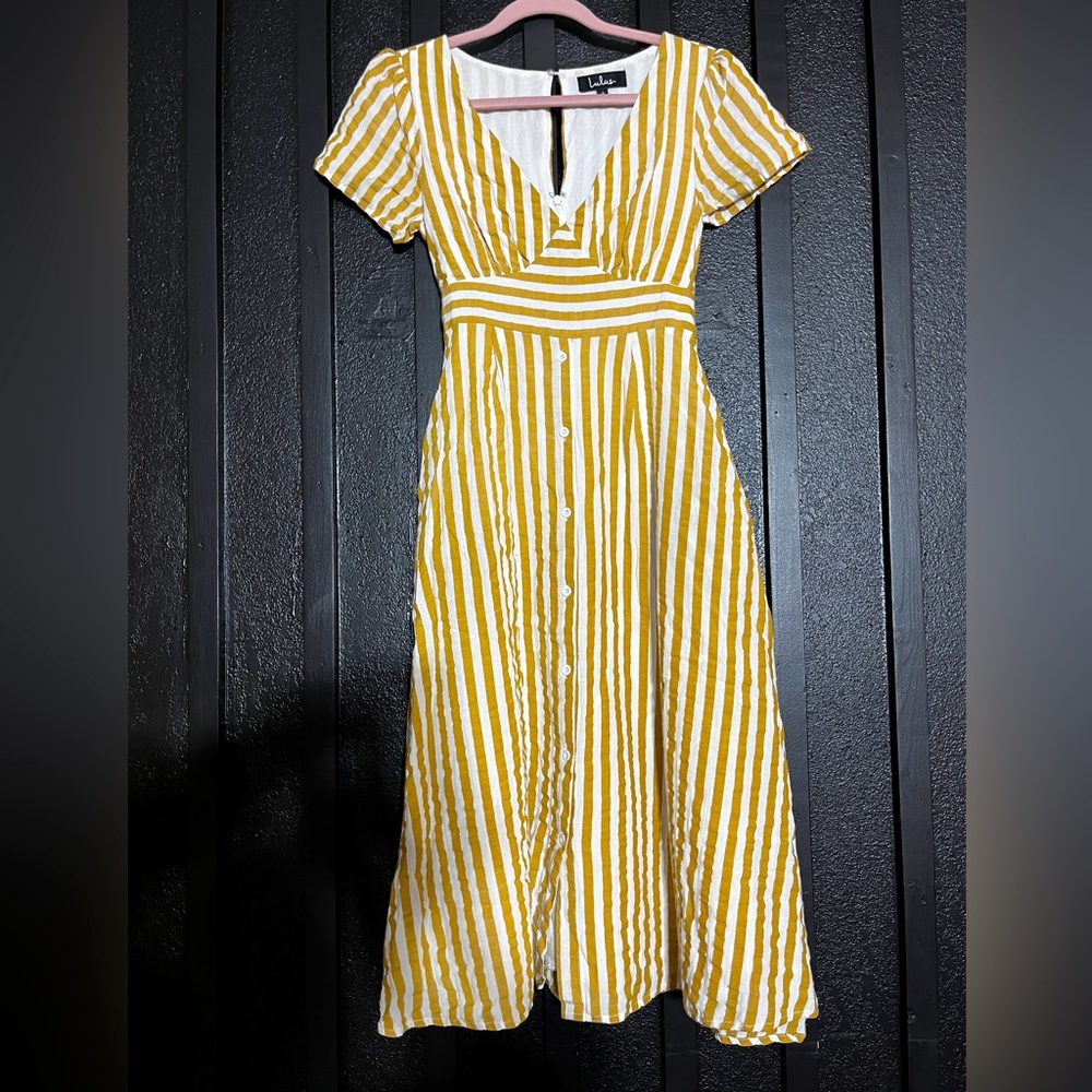 Lulus Swing Dance Mustard Yellow Striped Button Front Midi Dress - worn once